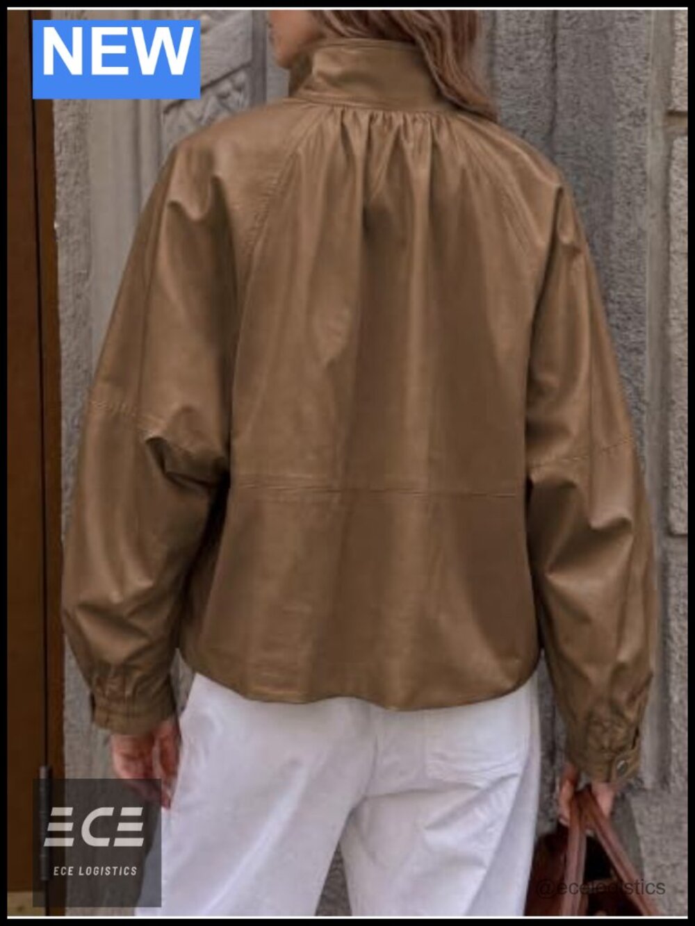 Faux Leather Bomber Jacket Long Sleeve Zip Fall Coat Puff Sleeve - Picture 3 of 6